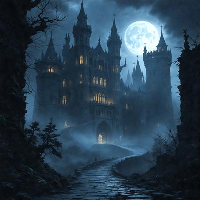 Primary subject: A large, dark castle with a moon in the sky above it.

Setting/background: The castle is set in a dark, foggy environment, with a moon illuminating the scene.

Visual style: The image is a digital art illustration.

Colors and mood: The dominant colors are dark and moody, with the castle and the moon creating a mysterious and dramatic atmosphere.